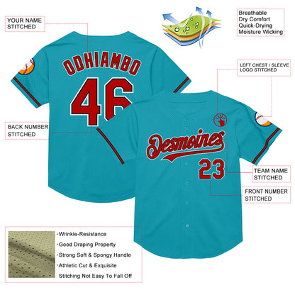 Custom Teal Red-Black Mesh Authentic Throwback Baseball Jersey - Sky-Custom