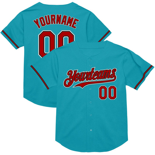 Custom Teal Red-Black Mesh Authentic Throwback Baseball Jersey - Sky-Custom