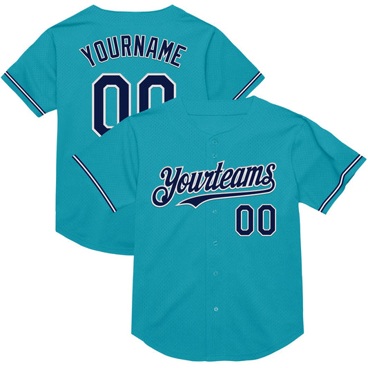 Custom Teal Navy-White Mesh Authentic Throwback Baseball Jersey - Sky-Custom
