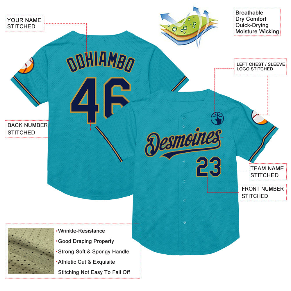 Custom Teal Navy-Old Gold Mesh Authentic Throwback Baseball Jersey - Sky-Custom