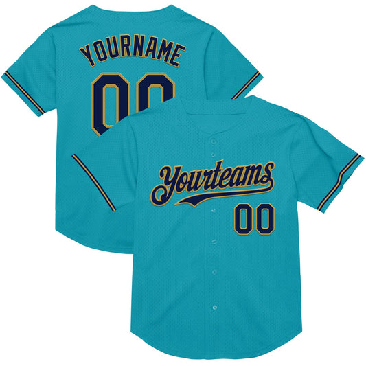 Custom Teal Navy-Old Gold Mesh Authentic Throwback Baseball Jersey - Sky-Custom
