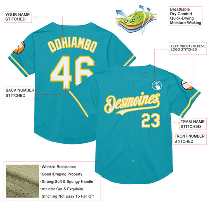 Custom Teal White-Yellow Mesh Authentic Throwback Baseball Jersey - Sky-Custom