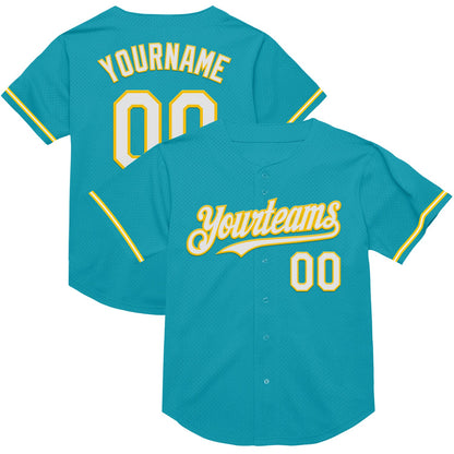 Custom Teal White-Yellow Mesh Authentic Throwback Baseball Jersey - Sky-Custom