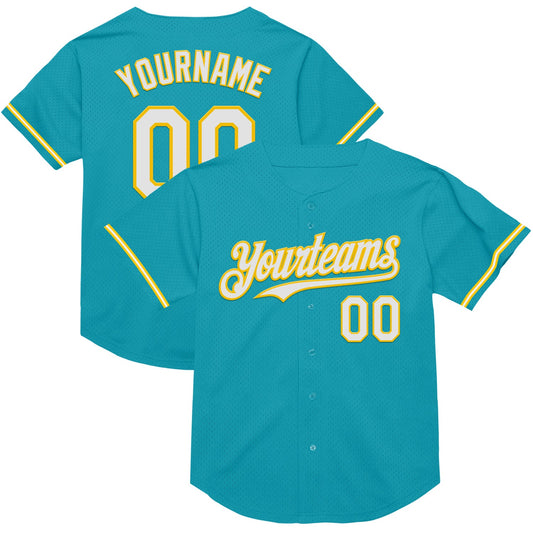 Custom Teal White-Yellow Mesh Authentic Throwback Baseball Jersey - Sky-Custom