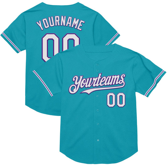 Custom Teal White-Purple Mesh Authentic Throwback Baseball Jersey - Sky-Custom