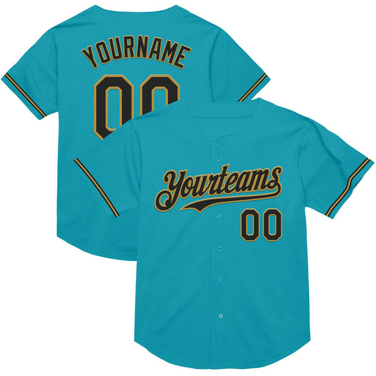 Custom Teal Black-Old Gold Mesh Authentic Throwback Baseball Jersey - Sky-Custom
