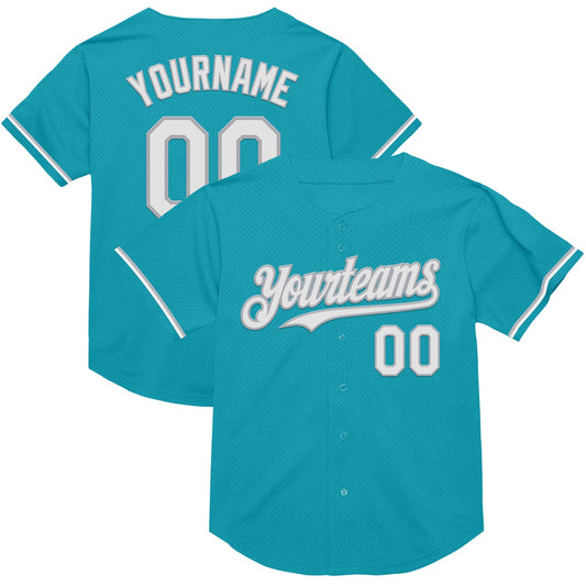 Custom Teal White-Gray Mesh Authentic Throwback Baseball Jersey - Sky-Custom