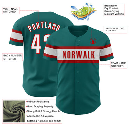 Custom Teal White-Red Authentic Baseball Jersey - Sky-Custom