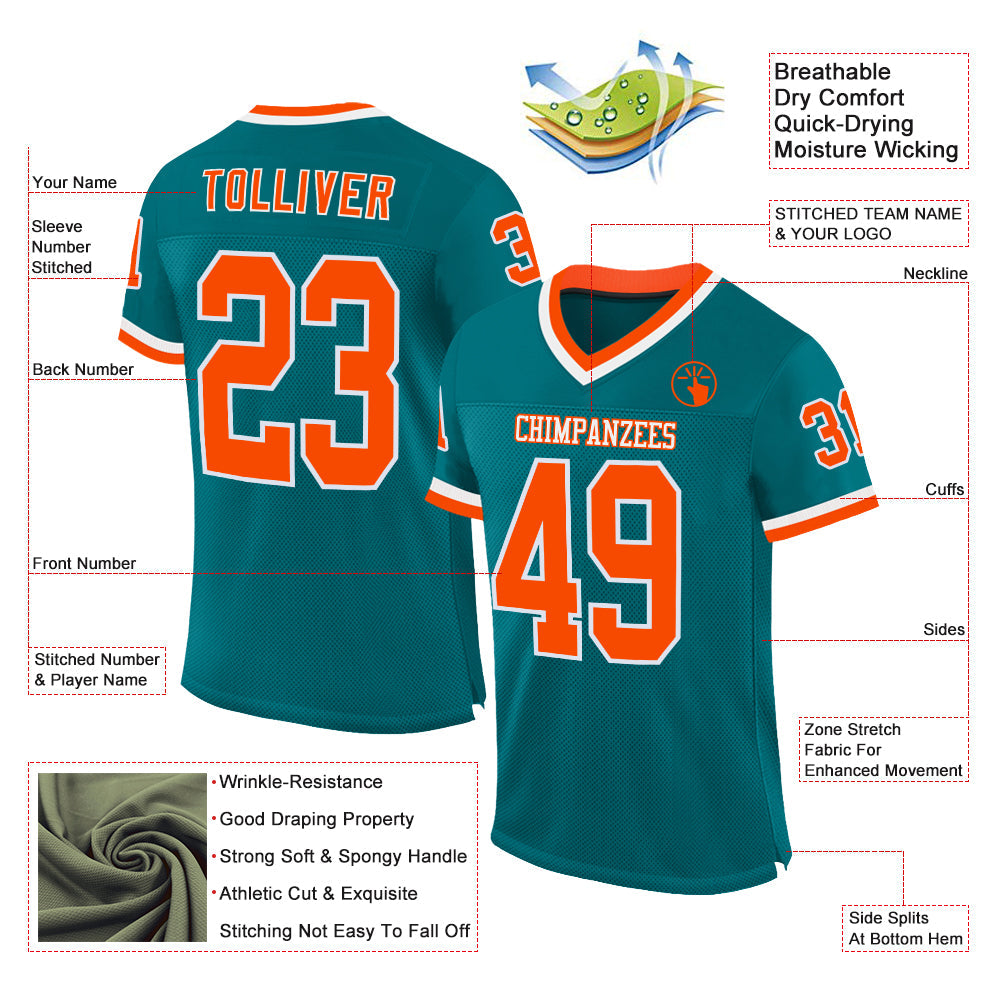 Custom Teal Orange-White Mesh Authentic Throwback Football Jersey - Sky-Custom