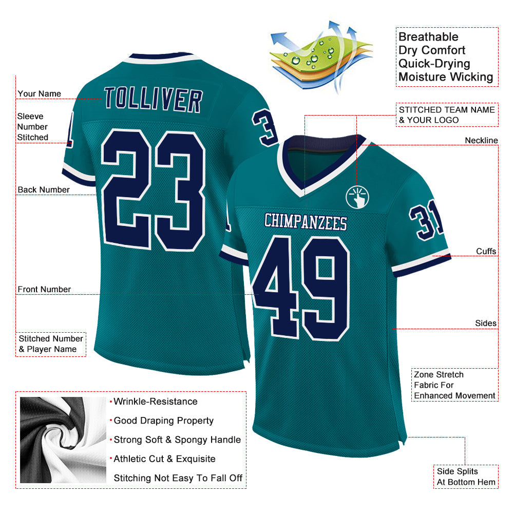 Custom Teal Navy-White Mesh Authentic Throwback Football Jersey - Sky-Custom