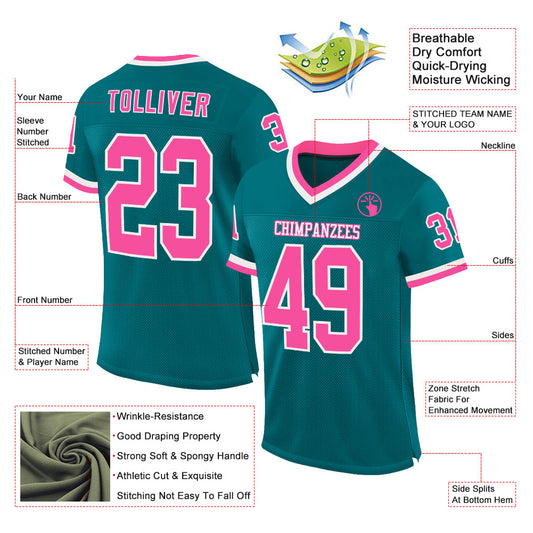 Custom Teal Pink-White Mesh Authentic Throwback Football Jersey - Sky-Custom