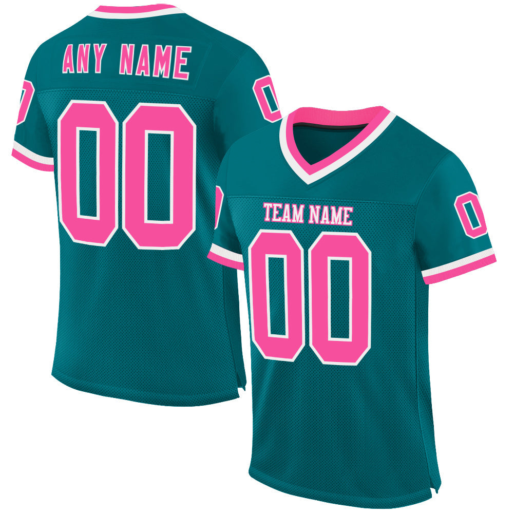 Custom Teal Pink-White Mesh Authentic Throwback Football Jersey - Sky-Custom