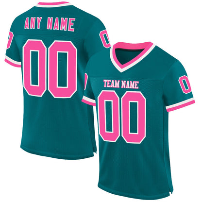 Custom Teal Pink-White Mesh Authentic Throwback Football Jersey - Sky-Custom