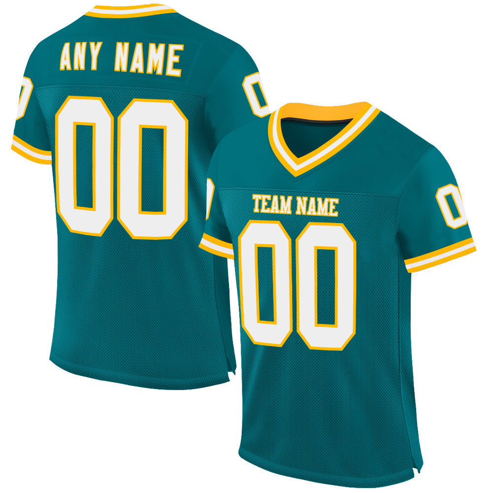 Custom Teal White-Gold Mesh Authentic Throwback Football Jersey - Sky-Custom