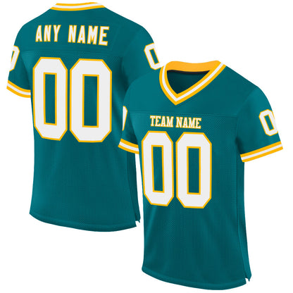 Custom Teal White-Gold Mesh Authentic Throwback Football Jersey - Sky-Custom