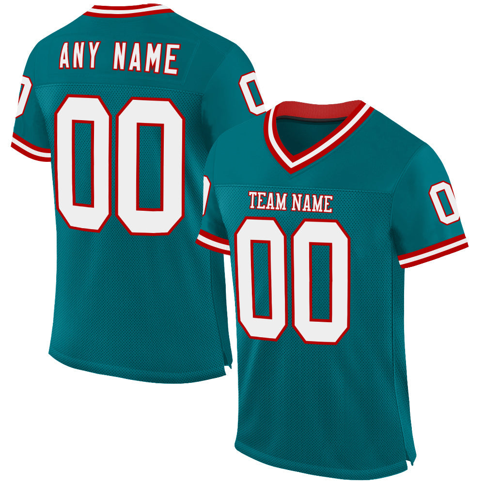 Custom Teal White-Red Mesh Authentic Throwback Football Jersey - Sky-Custom