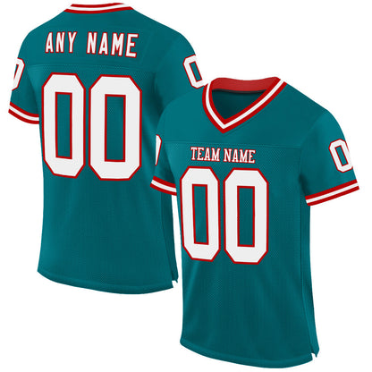 Custom Teal White-Red Mesh Authentic Throwback Football Jersey - Sky-Custom