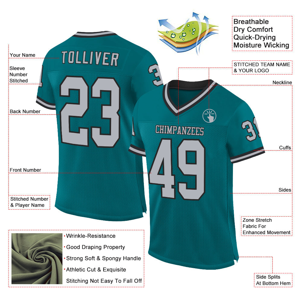 Custom Teal Gray-Black Mesh Authentic Throwback Football Jersey - Sky-Custom