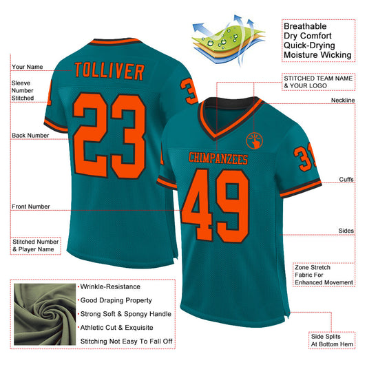 Custom Teal Orange-Black Mesh Authentic Throwback Football Jersey - Sky-Custom