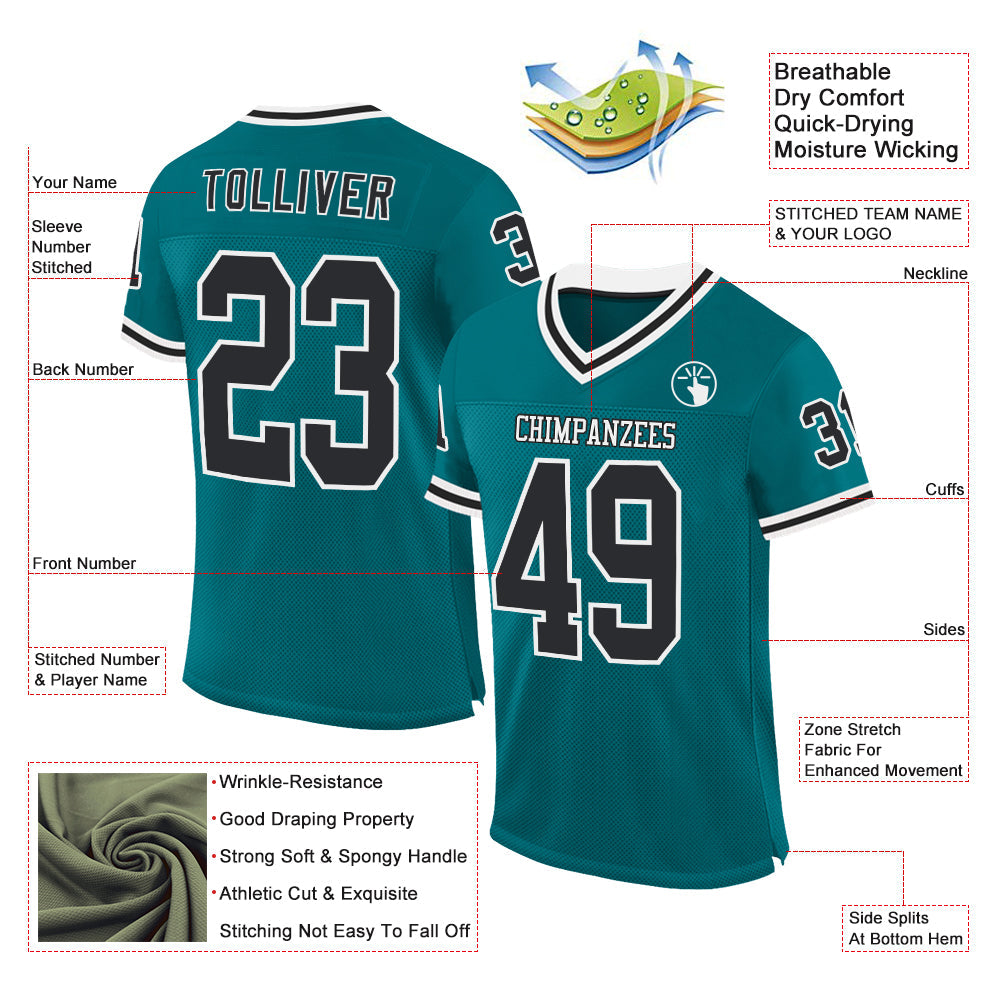 Custom Teal Black-White Mesh Authentic Throwback Football Jersey - Sky-Custom