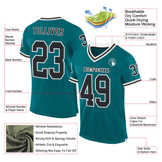 Custom Teal Black-White Mesh Authentic Throwback Football Jersey - Sky-Custom