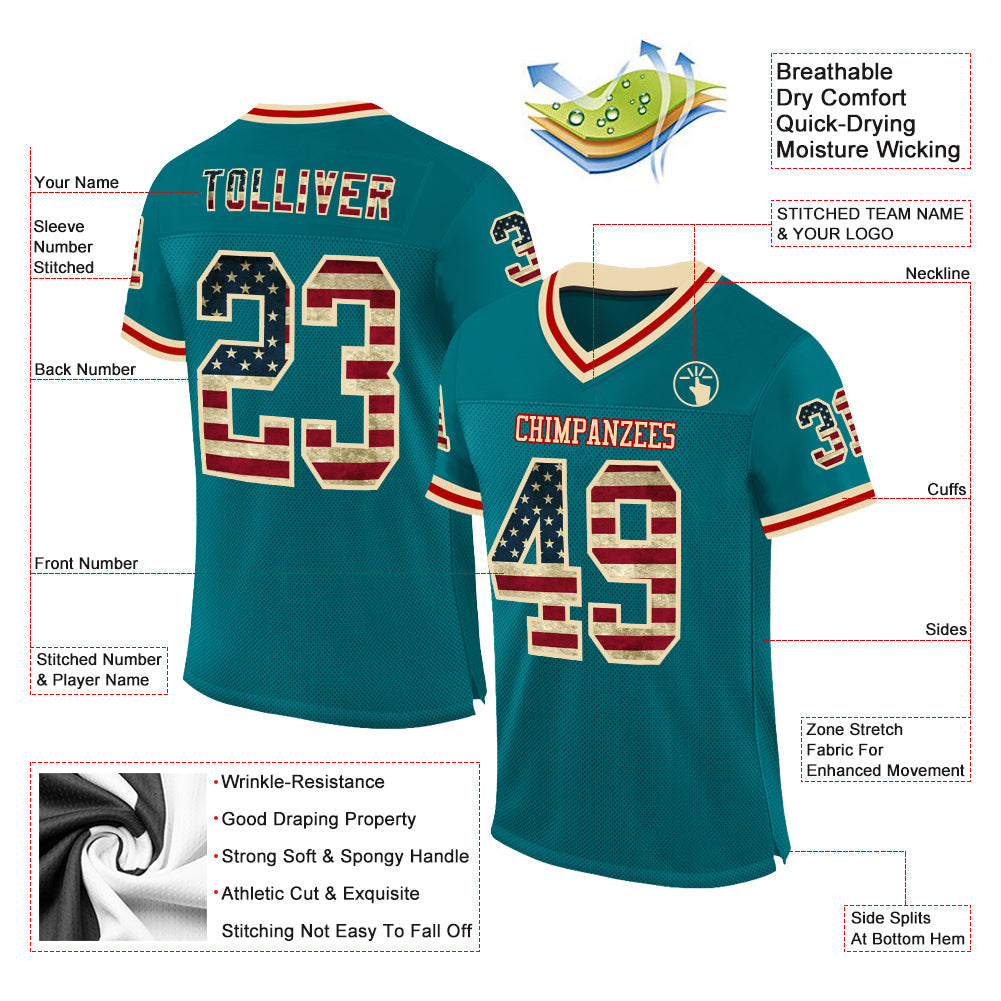 Custom Teal Vintage USA Flag Cream-Red Mesh Authentic Throwback Football Jersey - Sky-Custom