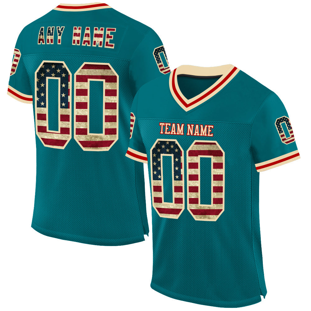 Custom Teal Vintage USA Flag Cream-Red Mesh Authentic Throwback Football Jersey - Sky-Custom