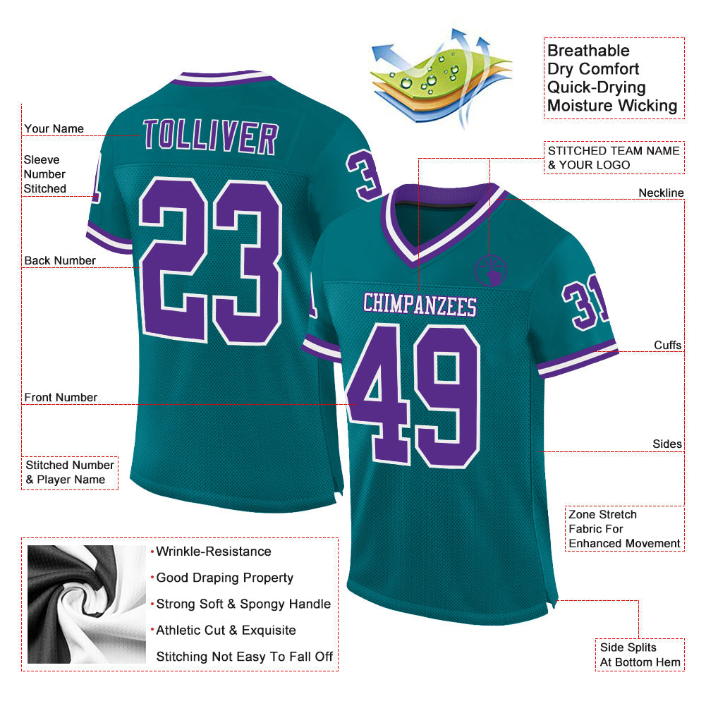 Custom Teal Purple-White Mesh Authentic Throwback Football Jersey - Sky-Custom