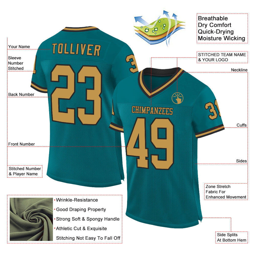 Custom Teal Old Gold-Black Mesh Authentic Throwback Football Jersey - Sky-Custom