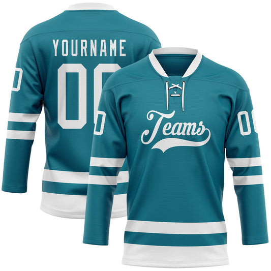 Custom Teal White Hockey Lace Neck Jersey - Sky-Custom