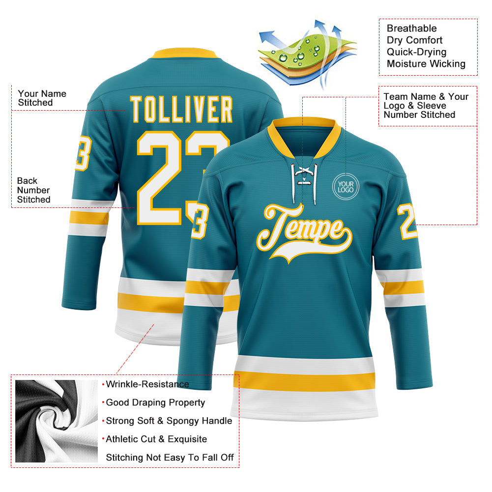 Custom Teal White-Gold Hockey Lace Neck Jersey - Sky-Custom