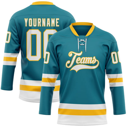 Custom Teal White-Gold Hockey Lace Neck Jersey - Sky-Custom