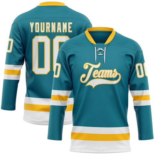 Custom Teal White-Gold Hockey Lace Neck Jersey - Sky-Custom