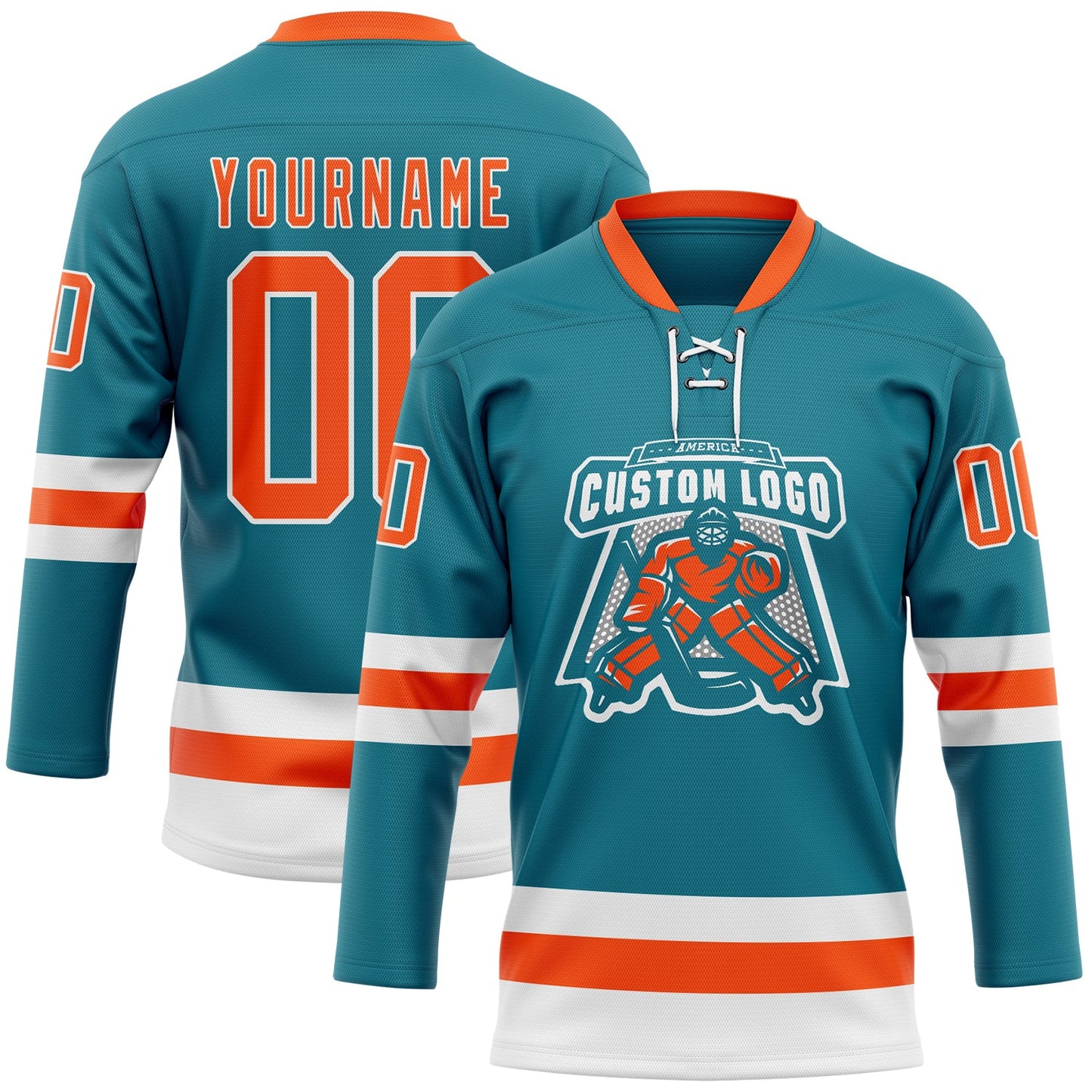 Custom Teal Orange-White Hockey Lace Neck Jersey - Sky-Custom