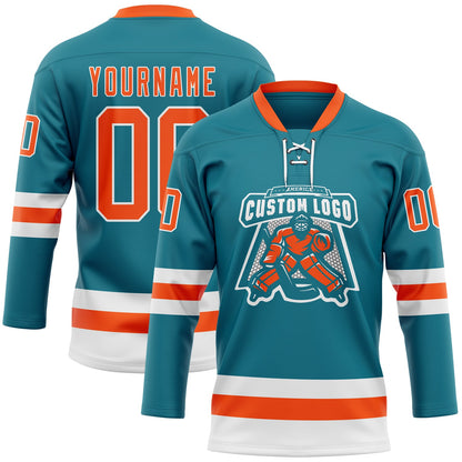 Custom Teal Orange-White Hockey Lace Neck Jersey - Sky-Custom