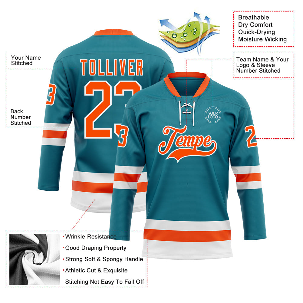 Custom Teal Orange-White Hockey Lace Neck Jersey - Sky-Custom