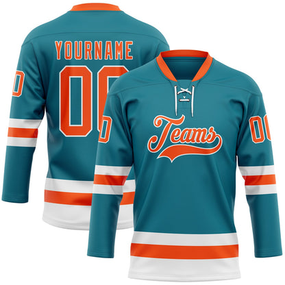 Custom Teal Orange-White Hockey Lace Neck Jersey - Sky-Custom