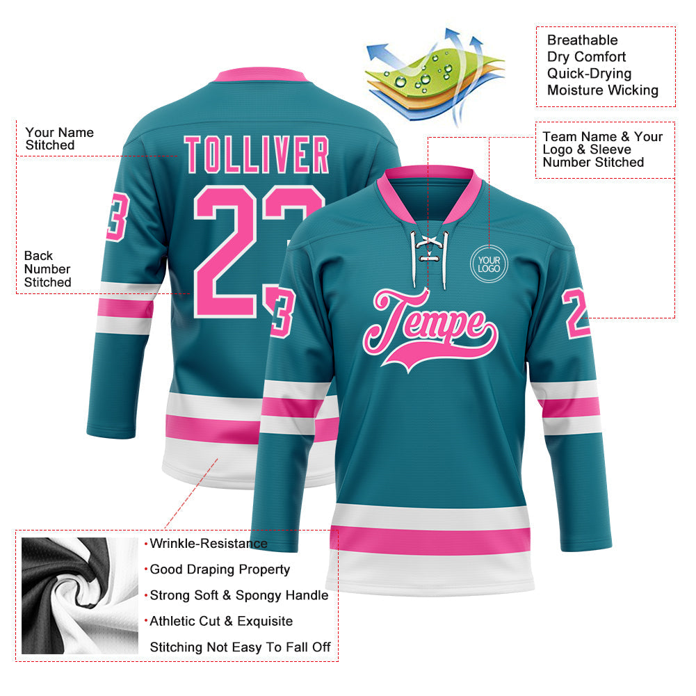 Custom Teal Pink-White Hockey Lace Neck Jersey - Sky-Custom