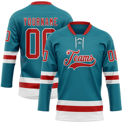 Custom Teal Red-White Hockey Lace Neck Jersey - Sky-Custom