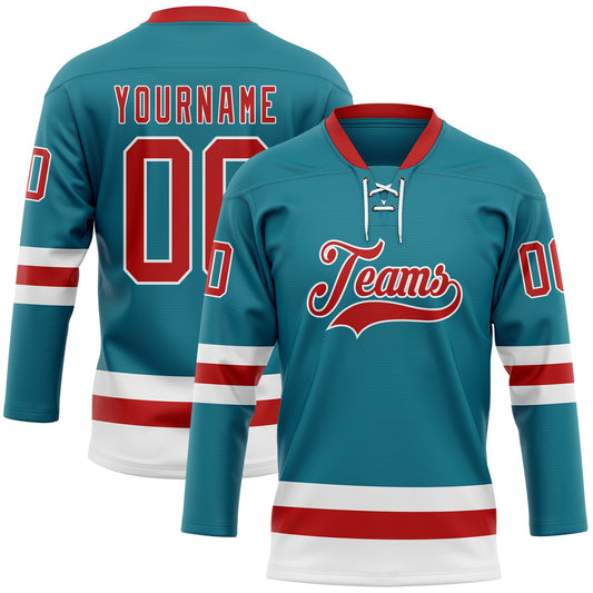Custom Teal Red-White Hockey Lace Neck Jersey - Sky-Custom