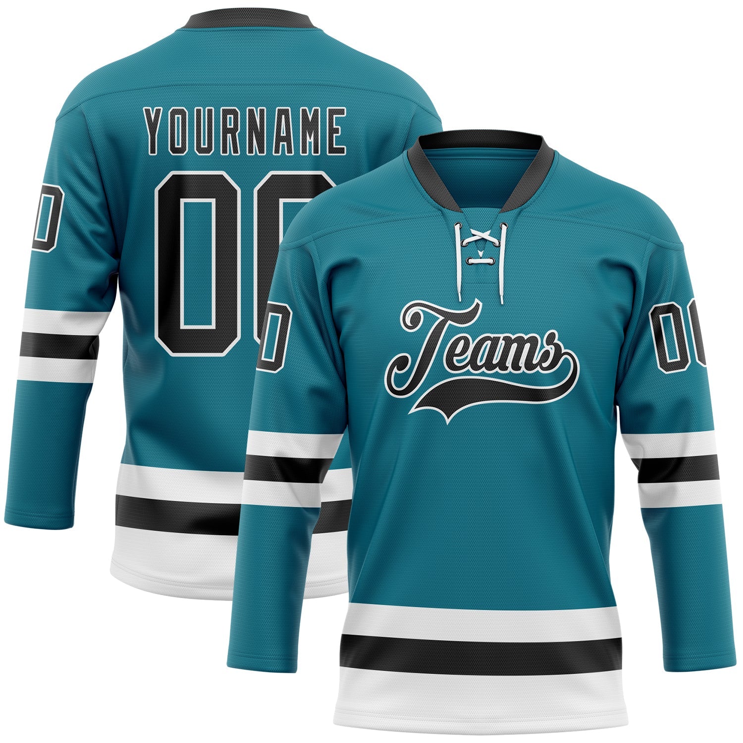 Custom Teal Black-White Hockey Lace Neck Jersey - Sky-Custom
