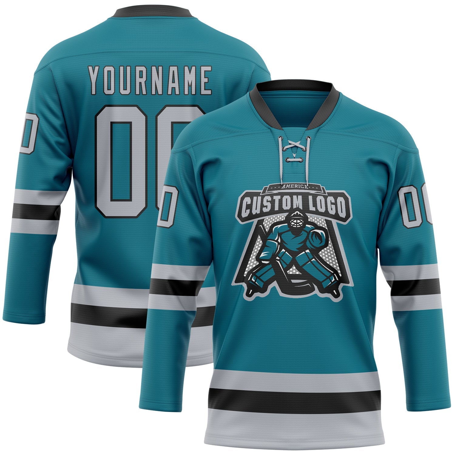 Custom Teal Gray-Black Hockey Lace Neck Jersey - Sky-Custom