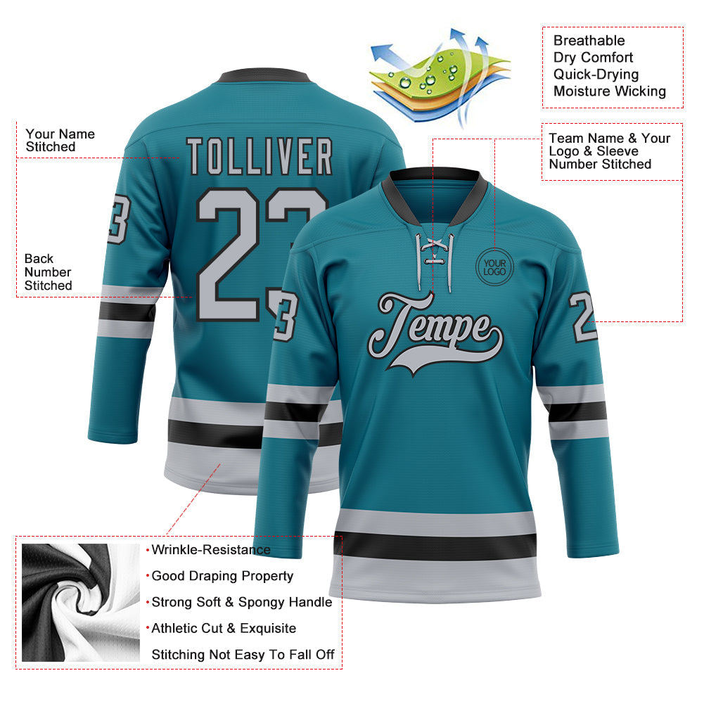 Custom Teal Gray-Black Hockey Lace Neck Jersey - Sky-Custom