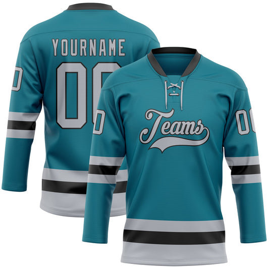 Custom Teal Gray-Black Hockey Lace Neck Jersey - Sky-Custom