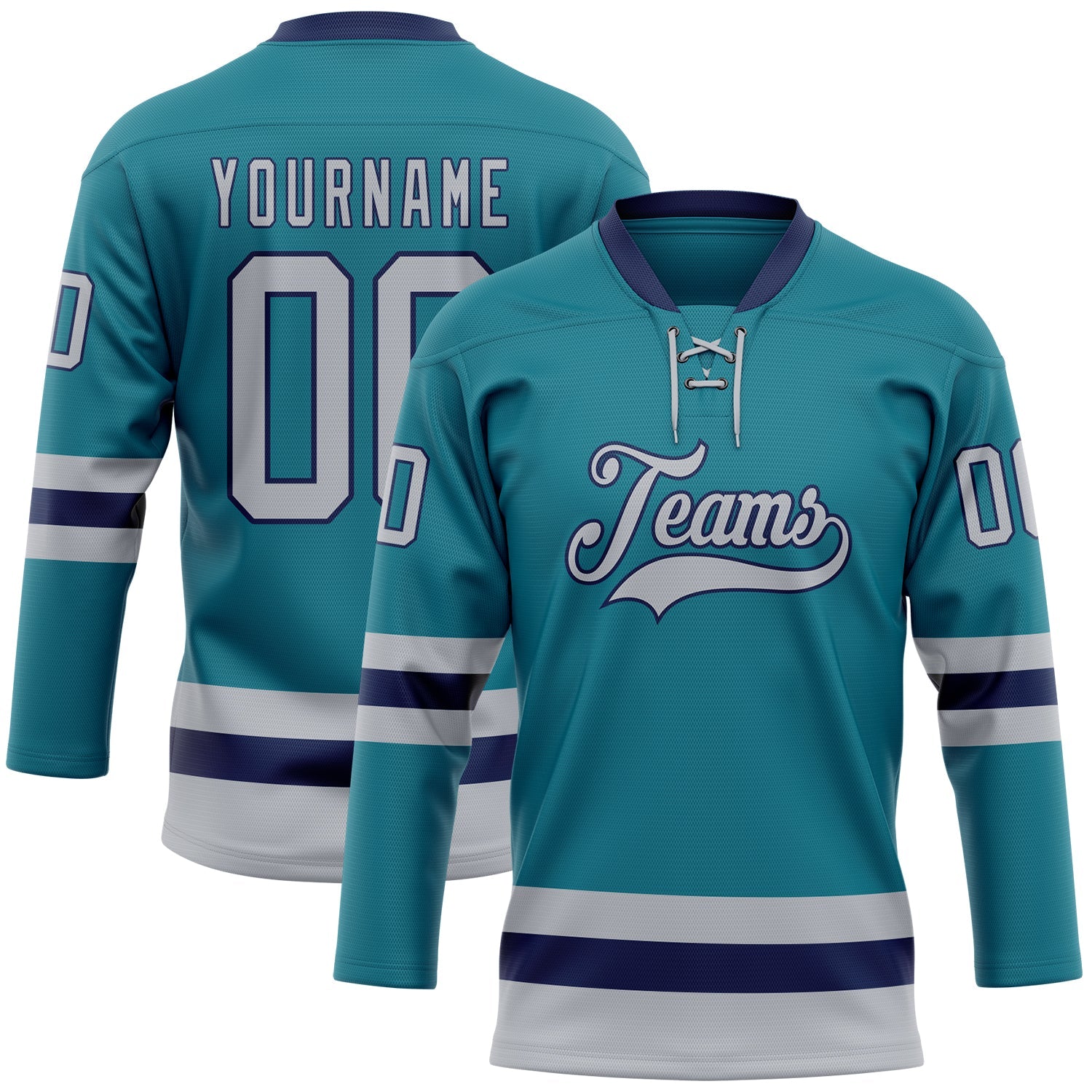 Custom Teal Gray-Navy Hockey Lace Neck Jersey - Sky-Custom