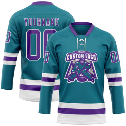 Custom Teal Purple-White Hockey Lace Neck Jersey - Sky-Custom