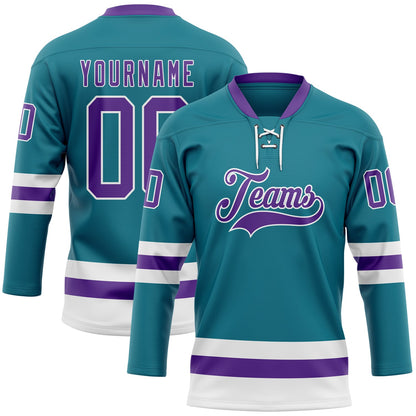 Custom Teal Purple-White Hockey Lace Neck Jersey - Sky-Custom