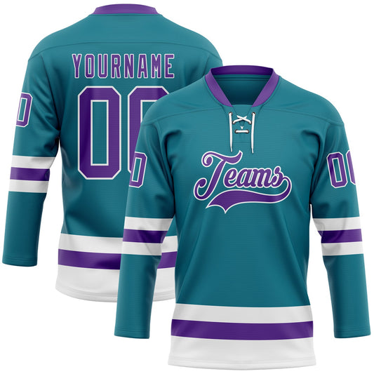 Custom Teal Purple-White Hockey Lace Neck Jersey - Sky-Custom