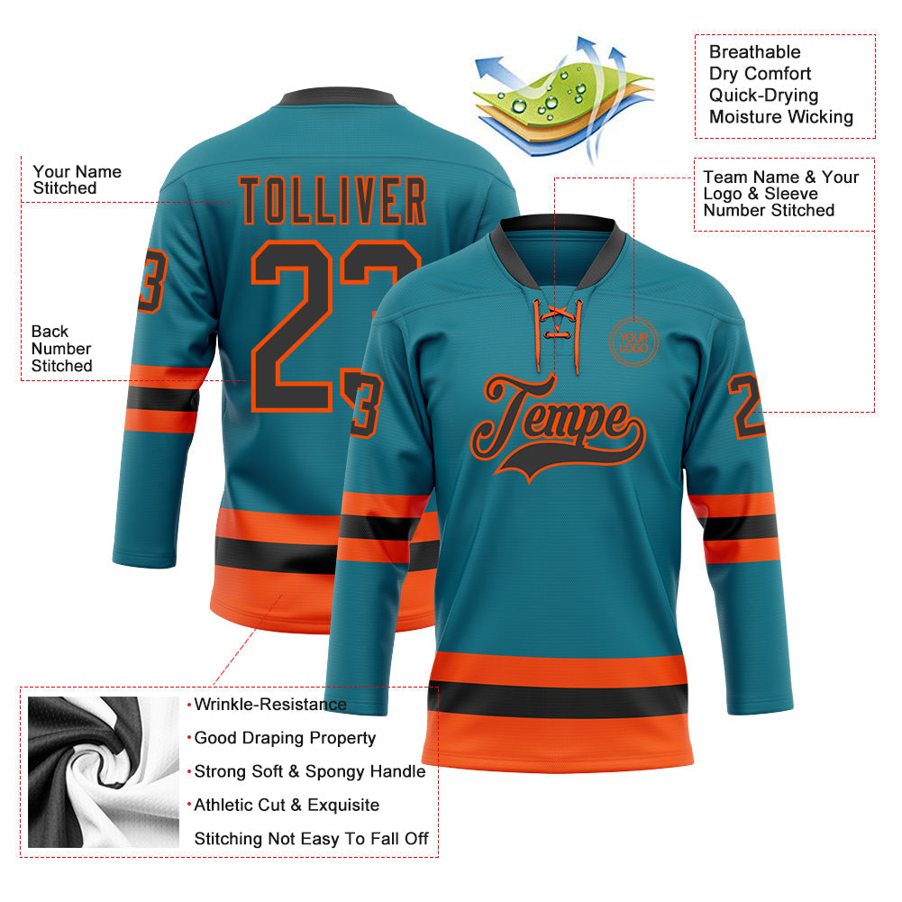Custom Teal Black-Orange Hockey Lace Neck Jersey - Sky-Custom
