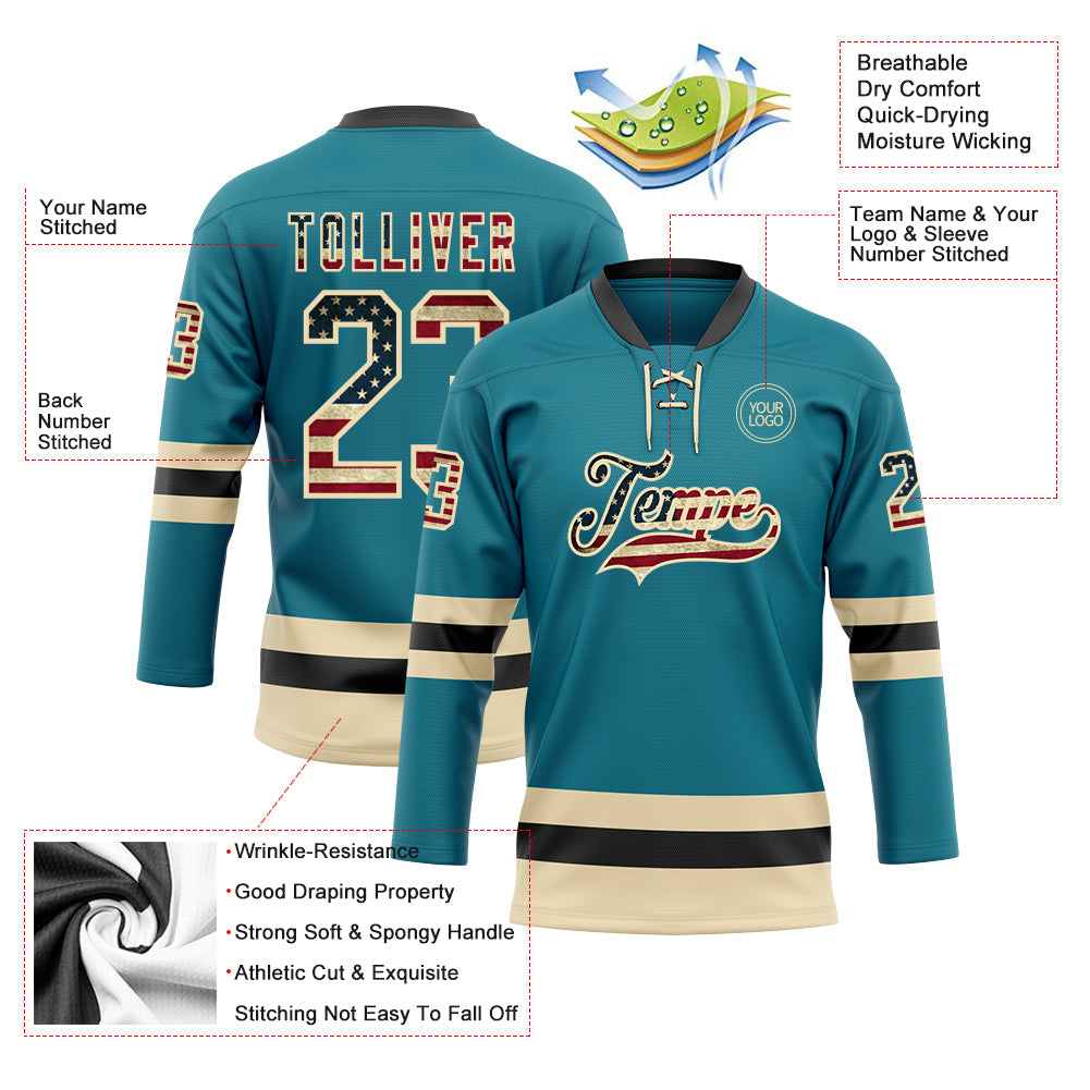Custom Teal Vintage USA Flag Cream-Black Hockey Lace Neck Jersey - Sky-Custom